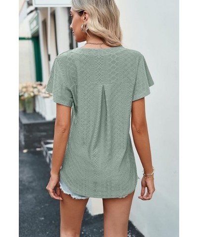 Women's Short Sleeve T Shirt Eyelet Dressy Casual V Neck Tops Blouse Light Green $13.44 Blouses