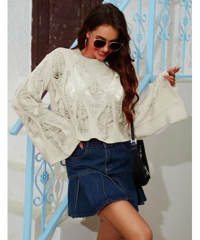 Womens Gothic Short Sweaters Oversized Punk Goth Sweater Long Bell Sleeve Knitting Crop Tops US Size S-XL Beige $13.24 Sweaters