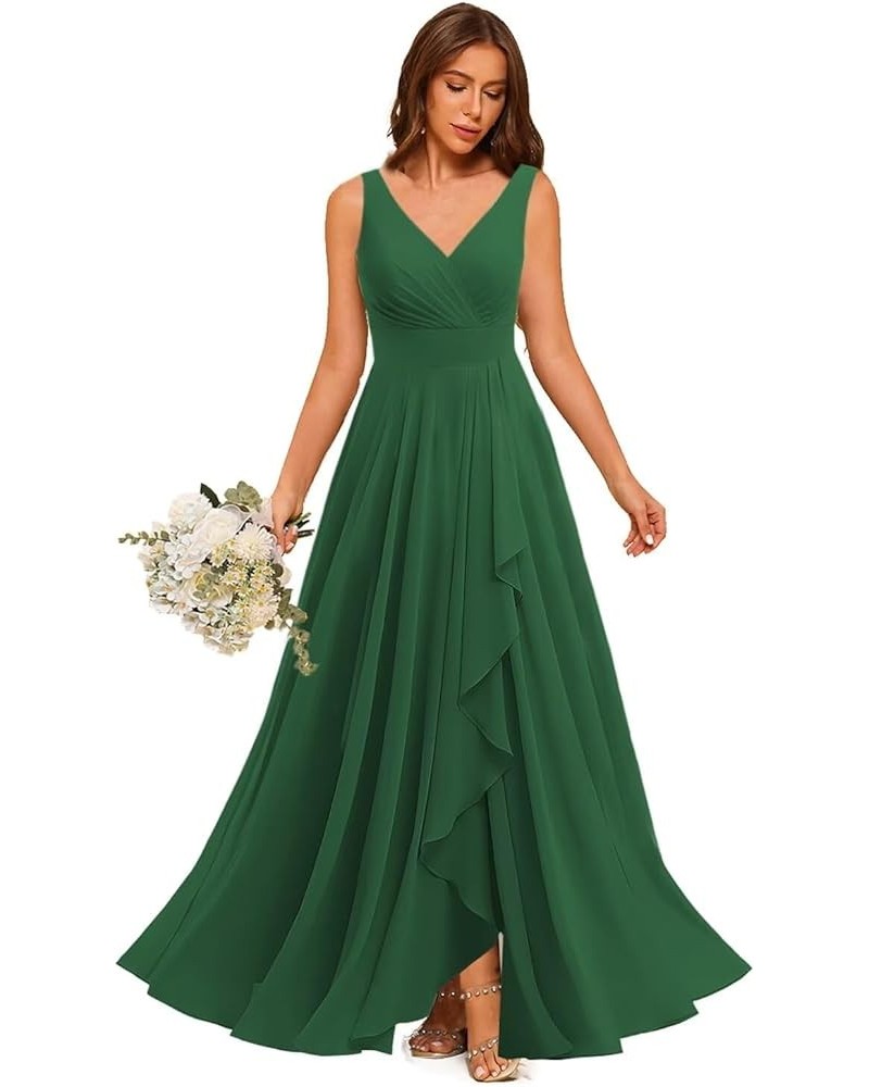 Chiffon V Neck Bridesmaid Dress with Slit Pleated Chiffon Ruffle Long A Line Formal Party Dress for Women RS078 Emerald $23.3...