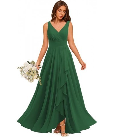 Chiffon V Neck Bridesmaid Dress with Slit Pleated Chiffon Ruffle Long A Line Formal Party Dress for Women RS078 Emerald $23.3...