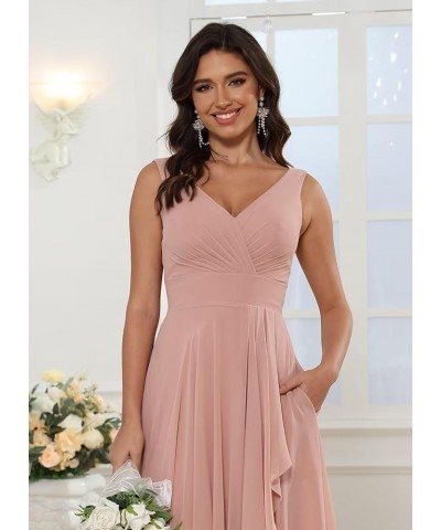 Chiffon V Neck Bridesmaid Dress with Slit Pleated Chiffon Ruffle Long A Line Formal Party Dress for Women RS078 Emerald $23.3...