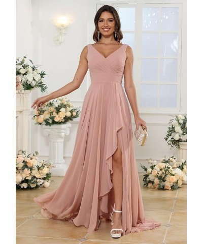 Chiffon V Neck Bridesmaid Dress with Slit Pleated Chiffon Ruffle Long A Line Formal Party Dress for Women RS078 Emerald $23.3...