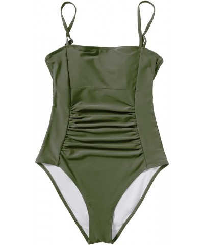 Women Square Neck One Piece Bathing Suit Ruched Tummy Control Swimsuits Swimwear with Adjustable Spaghetti Straps 002 Green $...