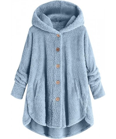 Women Warm Fleece Jacket Plus Size Winter Hooded Coat Solid Plush Jacket Cute Fall Outfit Button Long Sleeve Cardigan Sky Blu...