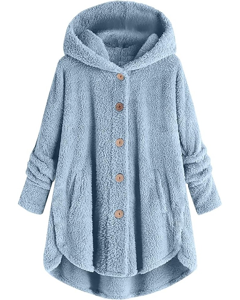 Women Warm Fleece Jacket Plus Size Winter Hooded Coat Solid Plush Jacket Cute Fall Outfit Button Long Sleeve Cardigan Sky Blu...