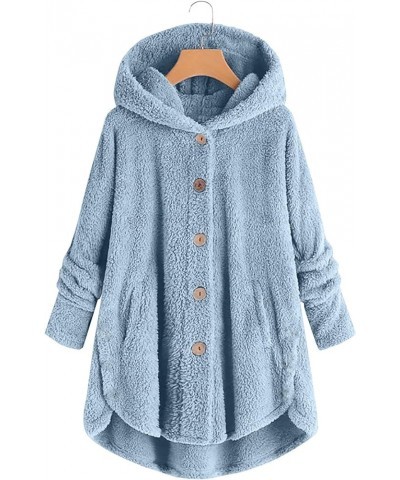 Women Warm Fleece Jacket Plus Size Winter Hooded Coat Solid Plush Jacket Cute Fall Outfit Button Long Sleeve Cardigan Sky Blu...