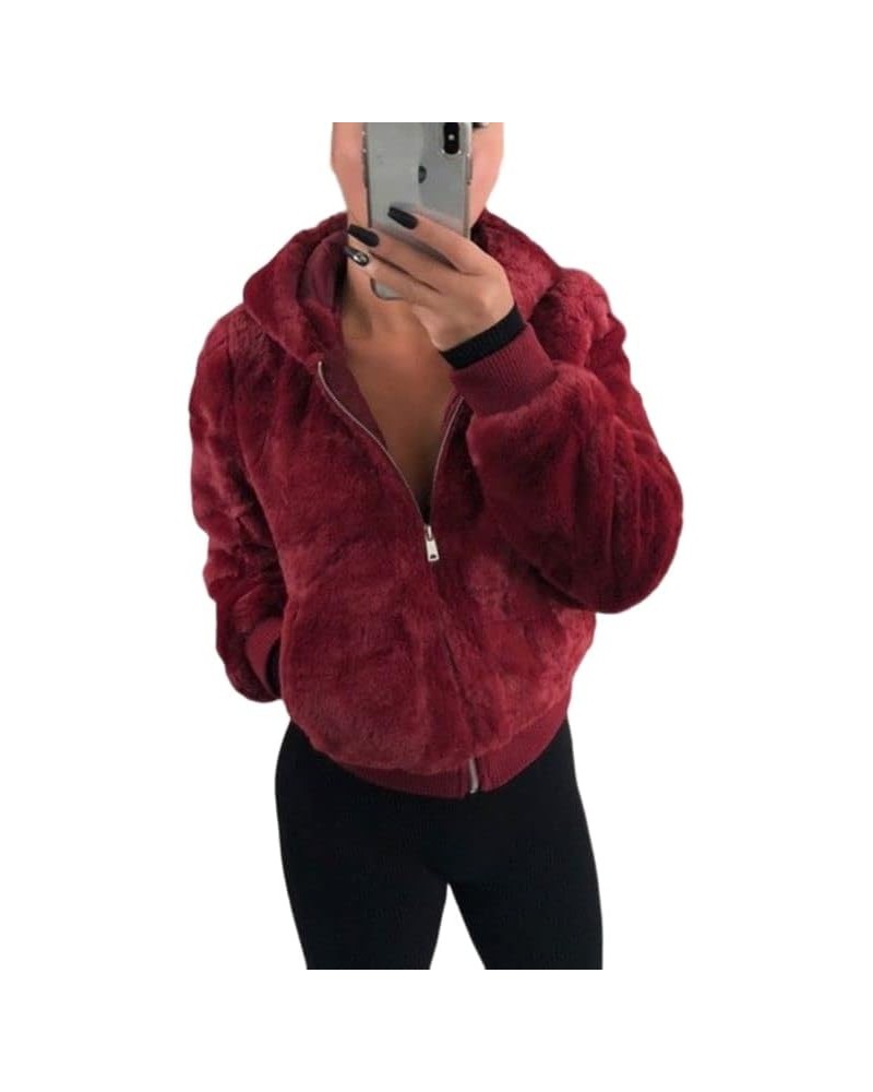 Womens Fashion Winter Short Faux Shaggy Fur Hooded Jacket Zip Up Long Sleeve Cropped Sherpa Jacket with Pockets Fall Red $14....