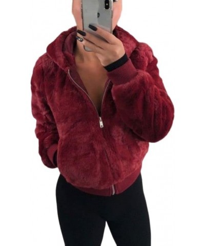 Womens Fashion Winter Short Faux Shaggy Fur Hooded Jacket Zip Up Long Sleeve Cropped Sherpa Jacket with Pockets Fall Red $14....