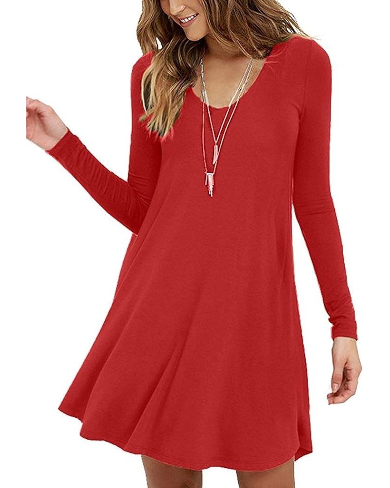 Women's Long Sleeve Casual Swing Simple T-Shirt Loose Dress 02 Red $13.95 Dresses