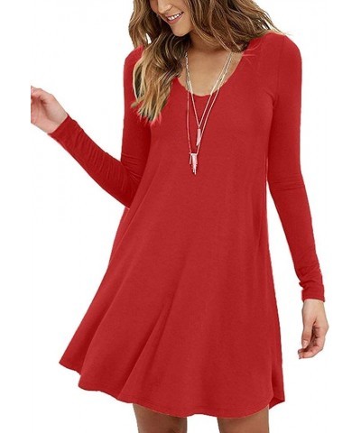 Women's Long Sleeve Casual Swing Simple T-Shirt Loose Dress 02 Red $13.95 Dresses