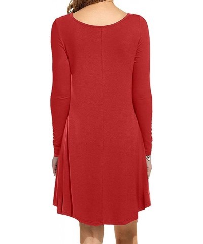 Women's Long Sleeve Casual Swing Simple T-Shirt Loose Dress 02 Red $13.95 Dresses