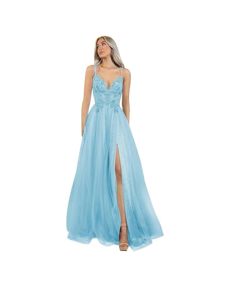 Prom Dress Lace Appliques Tulle - Formal Dresses for Women Spaghetti Straps Sky Blue $38.07 Dresses