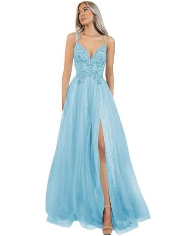 Prom Dress Lace Appliques Tulle - Formal Dresses for Women Spaghetti Straps Sky Blue $38.07 Dresses