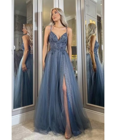 Prom Dress Lace Appliques Tulle - Formal Dresses for Women Spaghetti Straps Sky Blue $38.07 Dresses