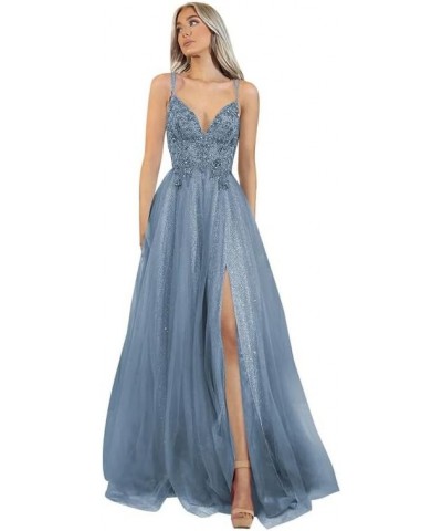 Prom Dress Lace Appliques Tulle - Formal Dresses for Women Spaghetti Straps Sky Blue $38.07 Dresses