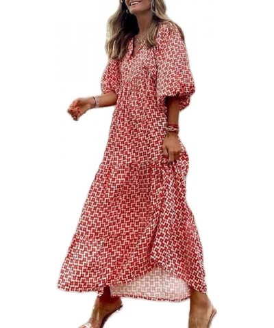 Women Boho Cottagecore Dress Puff Sleeve Vintage Dress Square Neck Floral Split Dress Flattering Maxi Long Dresses Floral Red...