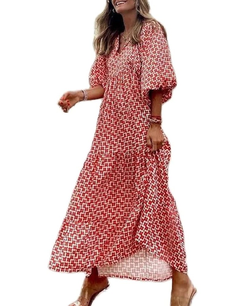 Women Boho Cottagecore Dress Puff Sleeve Vintage Dress Square Neck Floral Split Dress Flattering Maxi Long Dresses Floral Red...