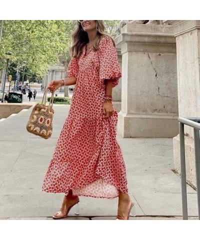 Women Boho Cottagecore Dress Puff Sleeve Vintage Dress Square Neck Floral Split Dress Flattering Maxi Long Dresses Floral Red...