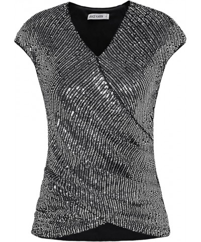 Womens Sparkle Sequin Top Shimmer Glitter Blouse Twist Front V Neck Cap Sleeve Club Party Shirt Dark Grey $17.84 Blouses