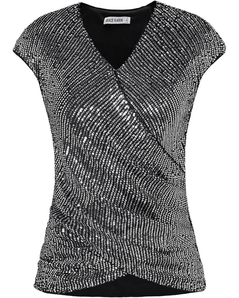 Womens Sparkle Sequin Top Shimmer Glitter Blouse Twist Front V Neck Cap Sleeve Club Party Shirt Dark Grey $17.84 Blouses