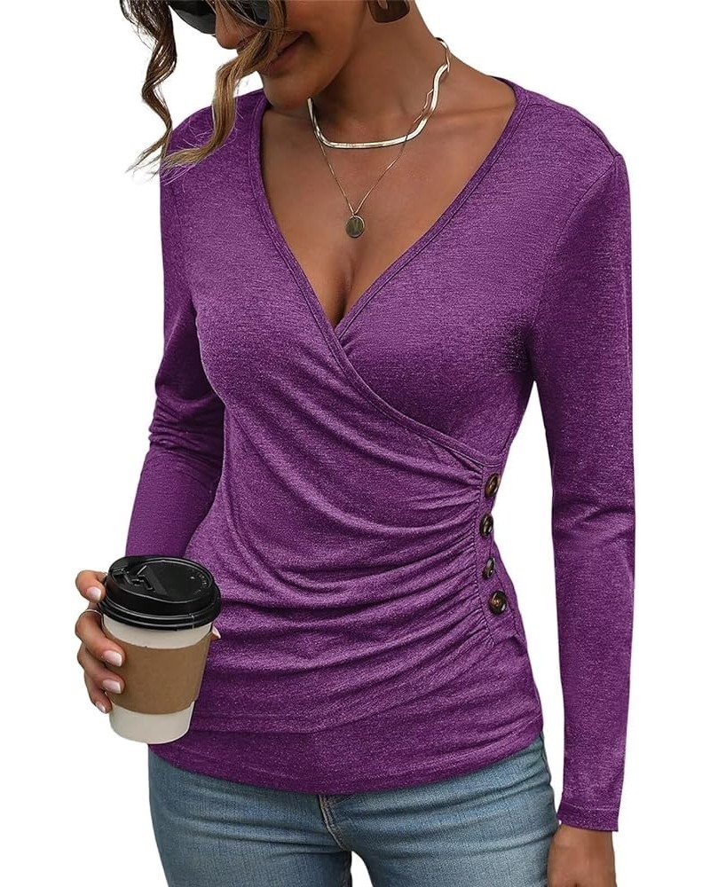 Women's Long Sleeve Deep V Neck Tops Wrap Ruched Slim Fit Shirts Button Side Blouse A Purple Long Sleeve $17.99 Blouses