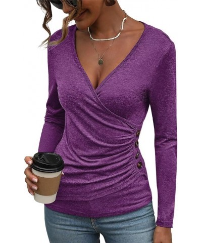 Women's Long Sleeve Deep V Neck Tops Wrap Ruched Slim Fit Shirts Button Side Blouse A Purple Long Sleeve $17.99 Blouses