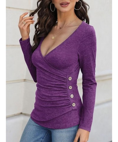 Women's Long Sleeve Deep V Neck Tops Wrap Ruched Slim Fit Shirts Button Side Blouse A Purple Long Sleeve $17.99 Blouses