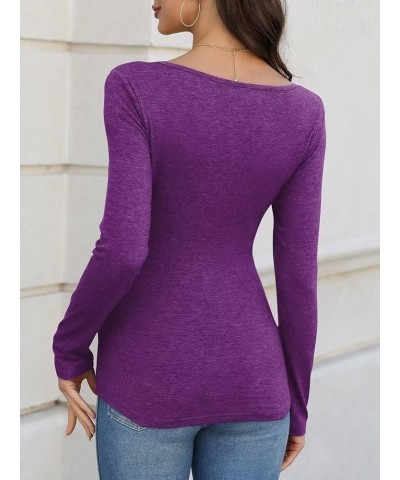 Women's Long Sleeve Deep V Neck Tops Wrap Ruched Slim Fit Shirts Button Side Blouse A Purple Long Sleeve $17.99 Blouses