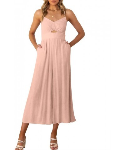 Women's Summer Casual Spaghetti Straps Sleeveless V Neck Cutout High Waist Wide Leg Jumpsuits Rompers with Pockets Pink $25.6...