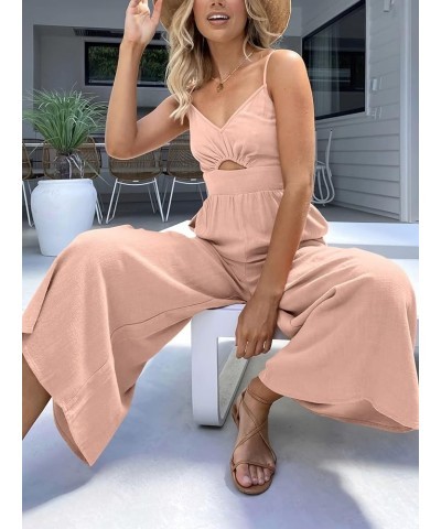 Women's Summer Casual Spaghetti Straps Sleeveless V Neck Cutout High Waist Wide Leg Jumpsuits Rompers with Pockets Pink $25.6...