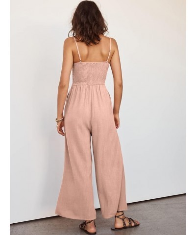 Women's Summer Casual Spaghetti Straps Sleeveless V Neck Cutout High Waist Wide Leg Jumpsuits Rompers with Pockets Pink $25.6...