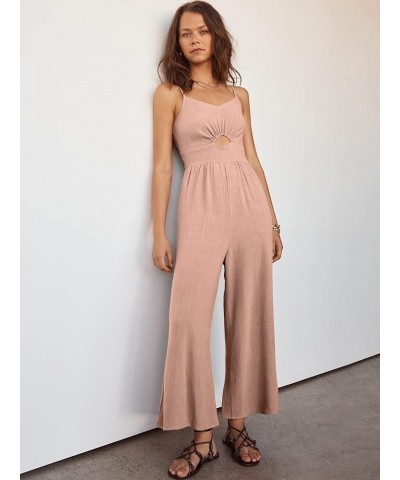 Women's Summer Casual Spaghetti Straps Sleeveless V Neck Cutout High Waist Wide Leg Jumpsuits Rompers with Pockets Pink $25.6...