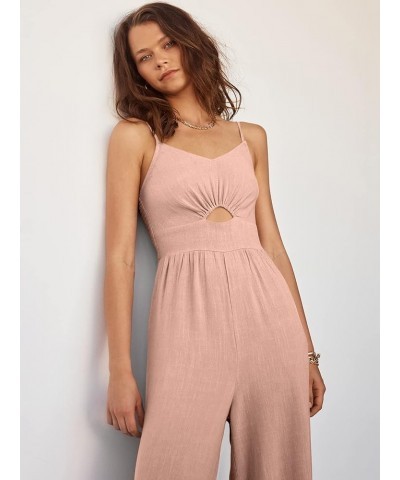 Women's Summer Casual Spaghetti Straps Sleeveless V Neck Cutout High Waist Wide Leg Jumpsuits Rompers with Pockets Pink $25.6...