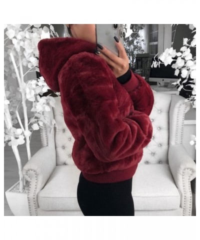 Womens Fashion Winter Short Faux Shaggy Fur Hooded Jacket Zip Up Long Sleeve Cropped Sherpa Jacket with Pockets Fall Red $14....