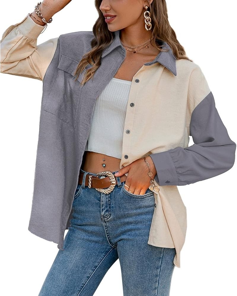 Women's Corduroy Color Block Boyfriend Shirts Casual Oversized Button Down Blouse Tops with Pocket A-grey $10.07 Blouses