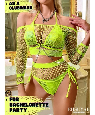 4Pc Rave Outfits, Metallic Shiny Bikini Body Chain, Off Shoulder Coverup Small Neon Green $19.19 Swimsuits