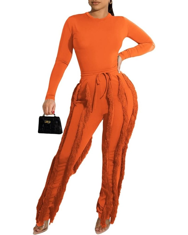 Women 2 Piece Outfits Jumpsuit - Long Sleeve Crewneck Sweatshirt Fringe High Waisted Pants Sweatsuit Set Orange $25.99 Active...