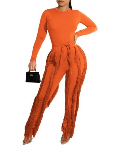 Women 2 Piece Outfits Jumpsuit - Long Sleeve Crewneck Sweatshirt Fringe High Waisted Pants Sweatsuit Set Orange $25.99 Active...