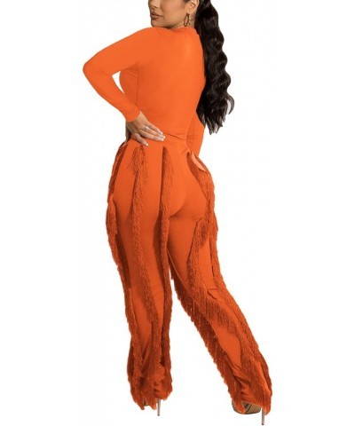 Women 2 Piece Outfits Jumpsuit - Long Sleeve Crewneck Sweatshirt Fringe High Waisted Pants Sweatsuit Set Orange $25.99 Active...