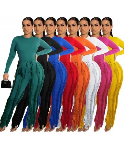 Women 2 Piece Outfits Jumpsuit - Long Sleeve Crewneck Sweatshirt Fringe High Waisted Pants Sweatsuit Set Orange $25.99 Active...