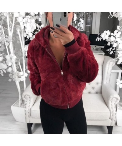 Womens Fashion Winter Short Faux Shaggy Fur Hooded Jacket Zip Up Long Sleeve Cropped Sherpa Jacket with Pockets Fall Red $14....