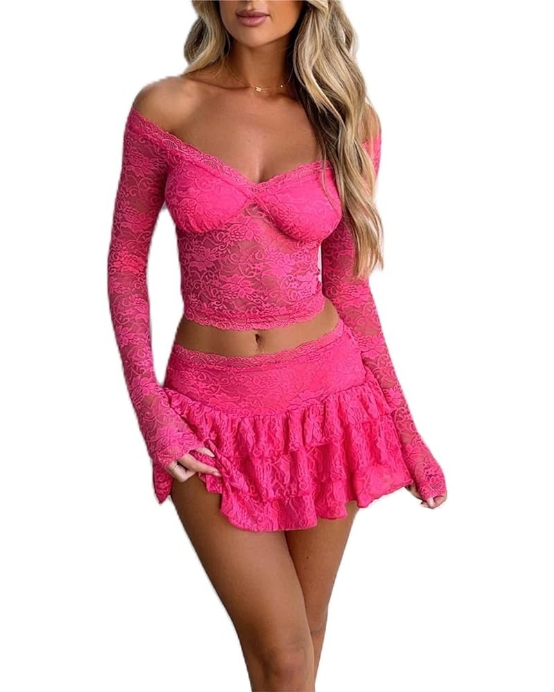 Women Y2k Sexy 2 Piece Skirt Set Lace See Through Bodycon Crop Tops Ruffle Mini Skirt Party Club Outfits Rose Red $11.07 Suits