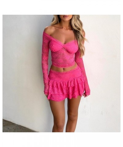 Women Y2k Sexy 2 Piece Skirt Set Lace See Through Bodycon Crop Tops Ruffle Mini Skirt Party Club Outfits Rose Red $11.07 Suits