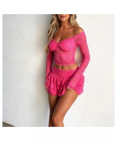 Women Y2k Sexy 2 Piece Skirt Set Lace See Through Bodycon Crop Tops Ruffle Mini Skirt Party Club Outfits Rose Red $11.07 Suits