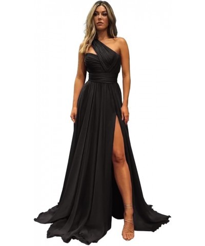 One Shoulder Bridesmaid Dresses Chiffon Long Prom Evening Formal Gowns with Slit for Wedding Black $29.25 Dresses