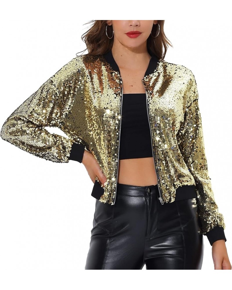 Women's Sequin Jacket Valentine's Day Long Sleeve Zipper Fahion 2023 Shiny Glitter Sparkly Bomber Jackets Gold $24.74 Jackets