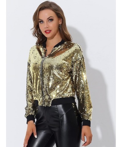 Women's Sequin Jacket Valentine's Day Long Sleeve Zipper Fahion 2023 Shiny Glitter Sparkly Bomber Jackets Gold $24.74 Jackets