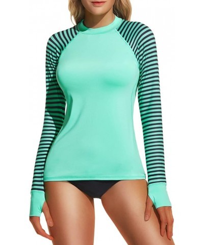 Women's UPF 50+ Rash Guard Long Sleeve, UV/Sun Protection Swim Shirts, Water Beach Surf Swim Top Thumb Hole Guard Stripe Emer...