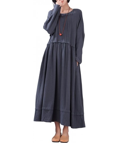 Women's Casual Loose Clothes Long Sleeves Spring/Fall Soft Cotton Linen Dresses with Pockets Blue Gray $25.43 Dresses