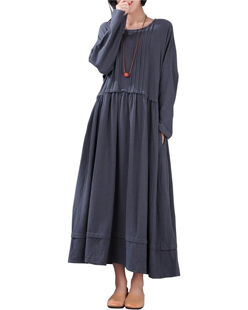 Women's Casual Loose Clothes Long Sleeves Spring/Fall Soft Cotton Linen Dresses with Pockets Blue Gray $25.43 Dresses